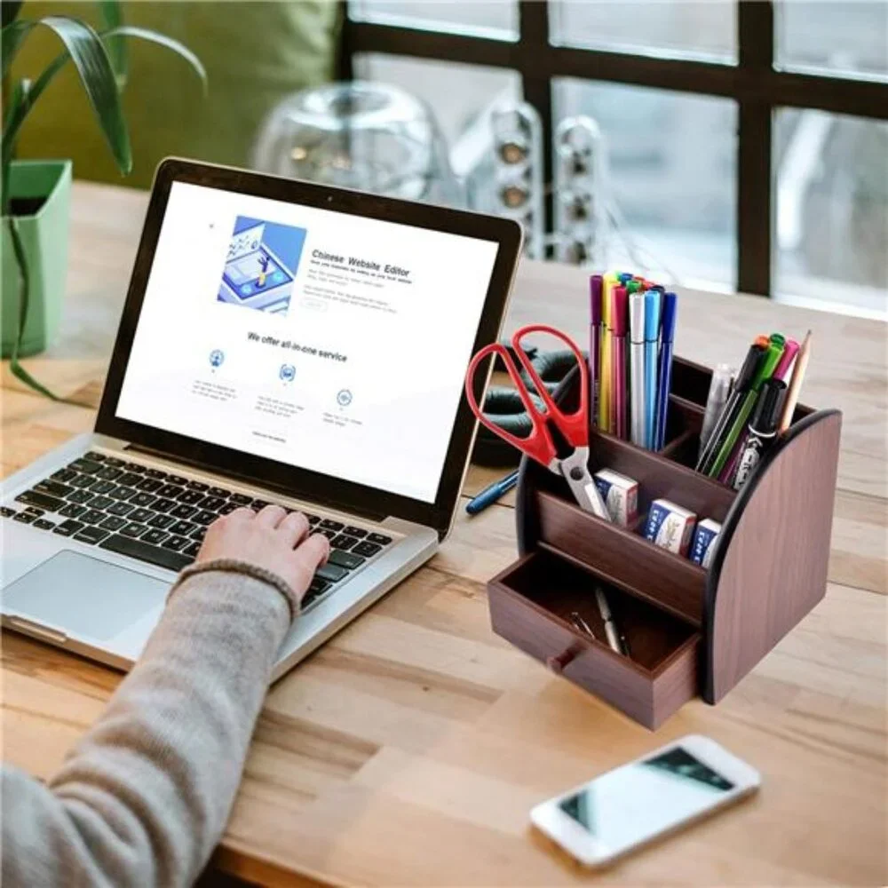 Wood Desktop Organizer with Drawer Office Supply Storage Remote Caddy Holder